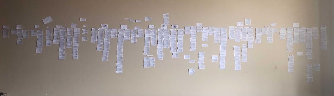 Affinity diagram by Global Information Engagement Program team working with Family Initiative, comprised of dozens of sticky notes organized on a wall representing relationships between ideas and data.