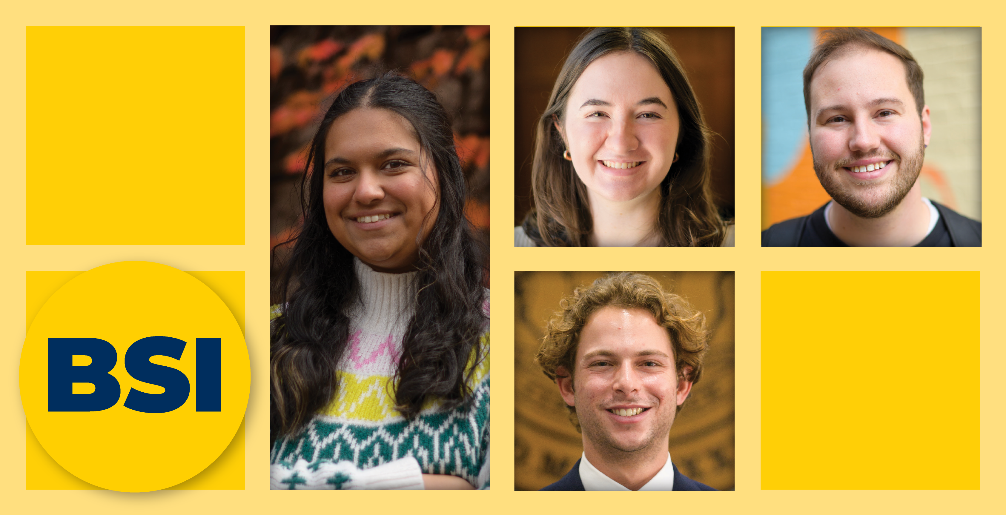 A grid of four student photos. Text in a circle says BSI.