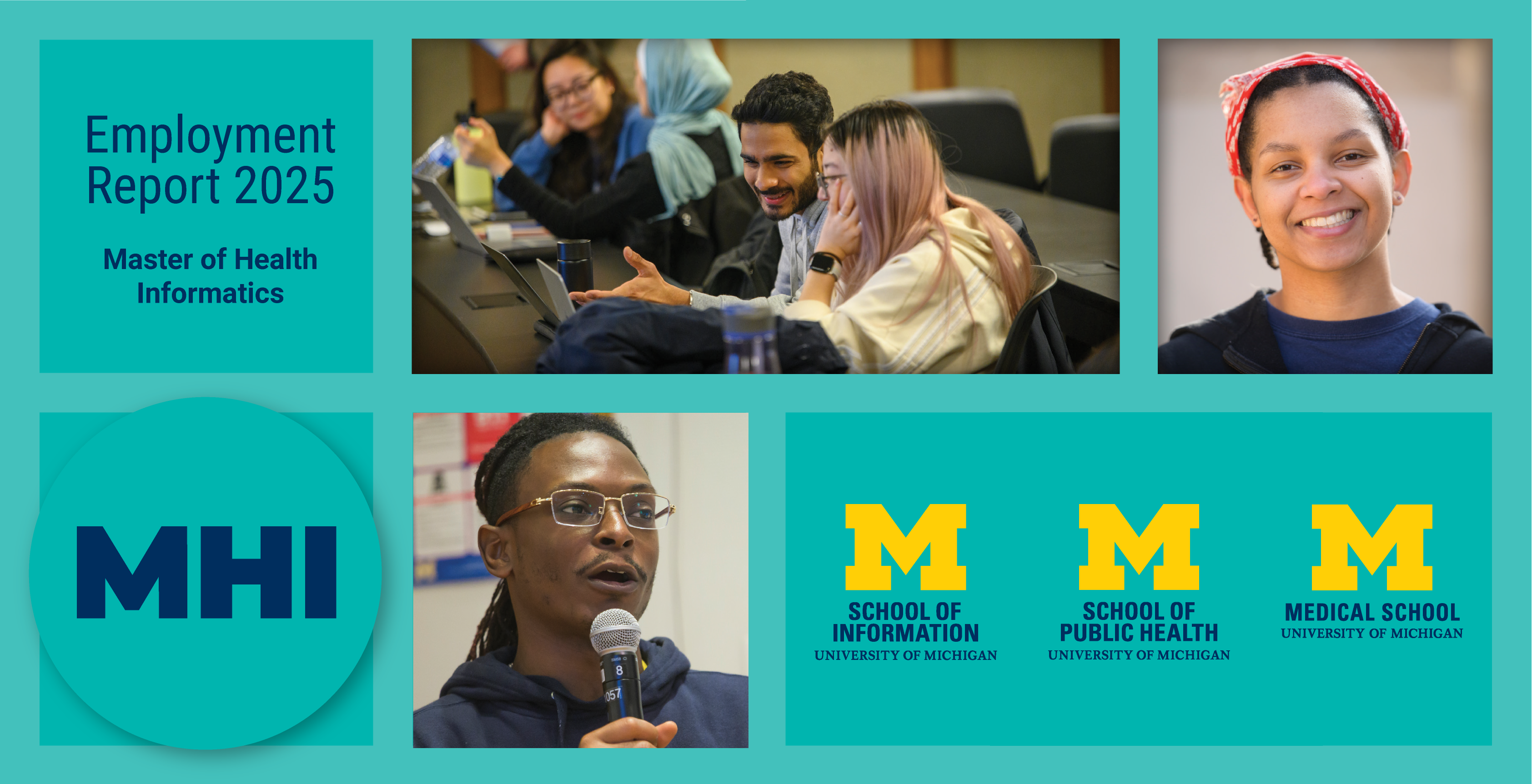 Master of Health Informatics Employment Report 2025. A grid layout showing two headshots of students and a photo of students working together in a classroom. Logos for the University of Michigan School of Information, School of Public Health and Medical School.