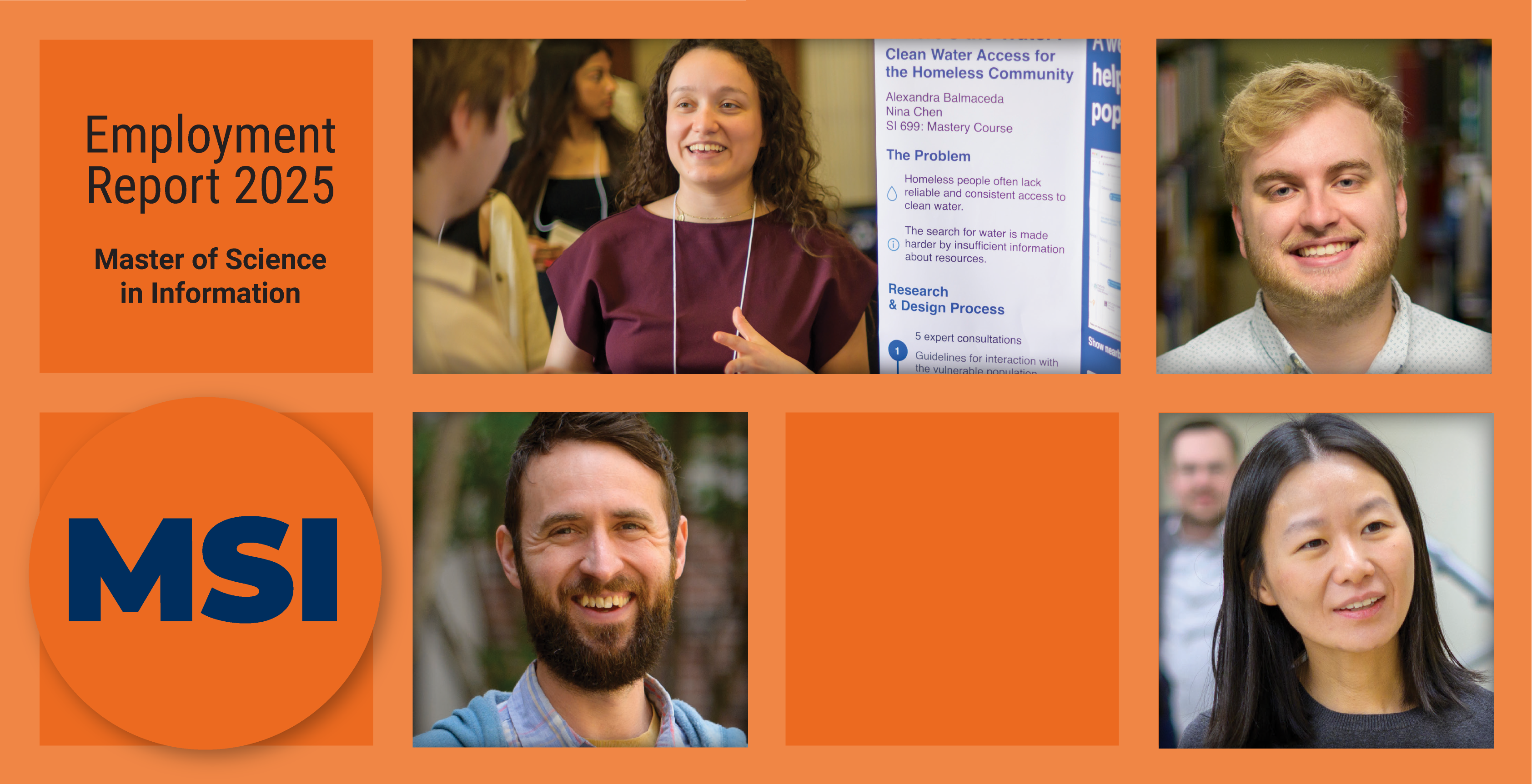 Master of Science in Information Employment Report 2025. A photo grid of three student headshots and a student presenting a poster.
