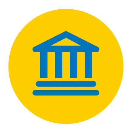 A digital illustration of a building with four columns and stairs in front of it.