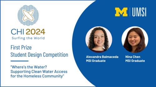 A graphic with the CHI 2024 logo and the text "First Prize, Student Design Competition, "Where's the Water? Supporting Clean Water Access for the Homeless Community" alongside a headshot of Alexandra Balmaceda, with the text "MSI graduate," and a headshot of Nina Chen, with the text "MSI graduate."