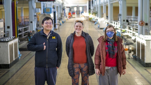 Master of Science in Information students Carl Fan, Lindsey Dye and Kendall Scarborough pose during a tour of the Ann Arbor Water Treatment Plant.