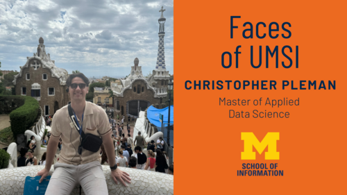 Faces of UMSI: Christopher Pleman, Master of Applied Data Science. Christopher sitting on a ledge with a cityscape in the background.