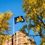 A flag with the Block M on it, waving above a brick building with yellow trees in the foreground.