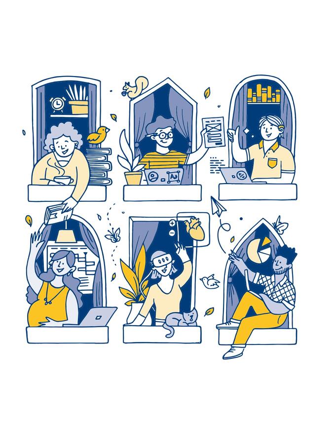 An illustration of 6 people each framed by a window. They are doing information-related activities like sharing books, looking at charts on laptops or wearing VR goggles.
