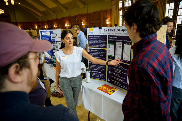 Bachelor of Science in Information student Anjalee Patel discusses the team's project at the 2023 UMSI Student Project Exposition.