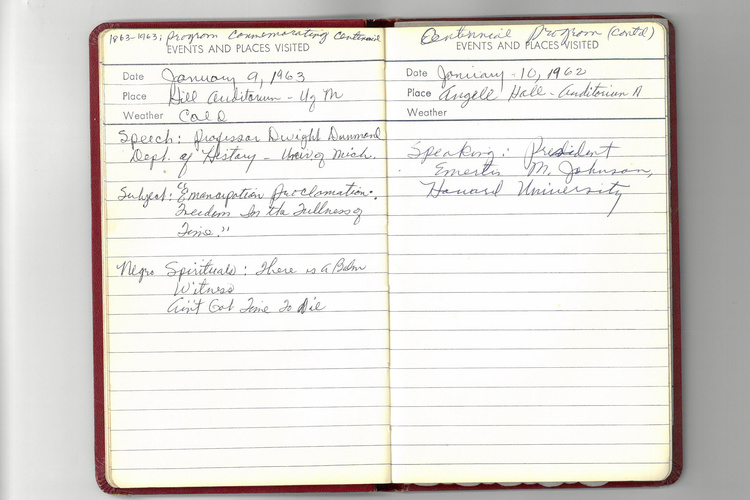 Journal entries from Johnnie O. Dent's UMSI commencement, dated January 9 and 10, 1963.