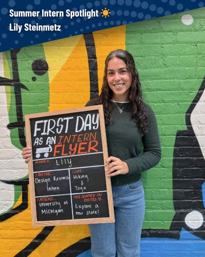 Lily Steinmetz posing with a chalkboard that says "First day as an intern flyer" and a graphic overlay that reads "Summer intern spotlight"