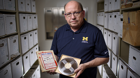 Paul Conway holding discs from the archives. 