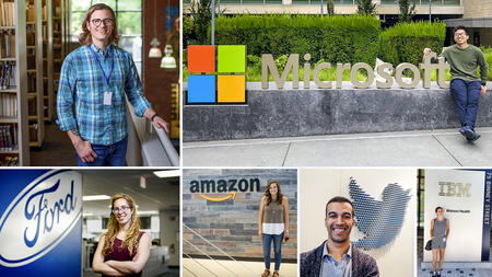 A photo collage of 6 students. One is in a library, the rest are standing next to logos for Microsoft, Ford, Amazon, Twitter and IBM.