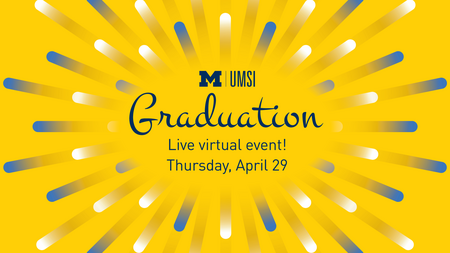 Graphic featuring yellow and blue firework Burts with the text: "Graduation: Live virtual event! Thursday, April 29"