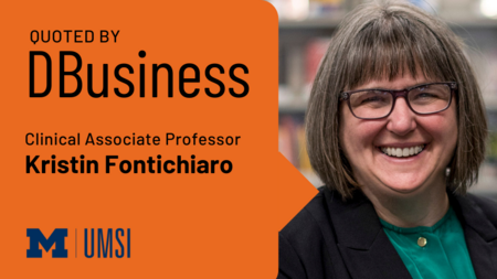 Kristin Fontichiaro next to text in speech bubble reading Quoted by DBusiness Clinical Associate Professor Kristin Fontichiaro