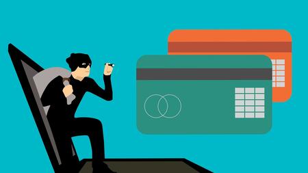 Illustrated graphic shows burglar in mask with sack emerging from laptop screen, approaching two credit cards.