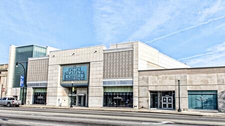 Exterior daytime shot of the Arab American National Museum in Dearborn, Michigan on a clear day. 