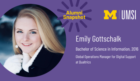 “UMSI Alumni Snapshot. Emily Gottschalk. Bachelor of Science in Information, 2016. Global Operations Manager for Digital Support at Qualtrics.”