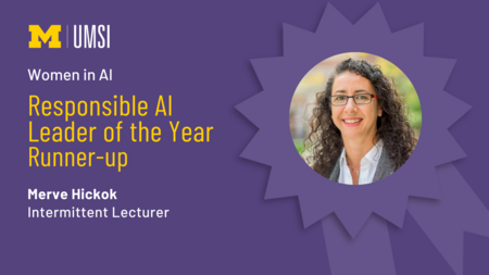"Women in AI, Responsible AI Leader of the Year, Runner-up, Merve Hickok, Intermittent Lecturer" Headshot of Merve Hickok in the center of a cartoon award ribbon. 