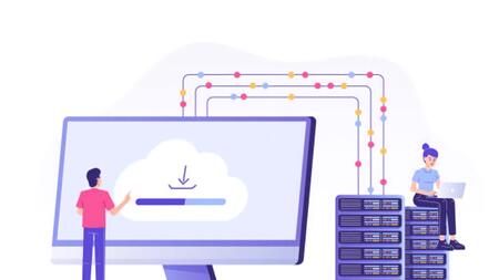 Cartoon of person looking at a giant computer screen that displays a cloud symbol. The screen is connected to servers by wires, and a person is sitting on top of a stack of servers, looking at their laptop. 