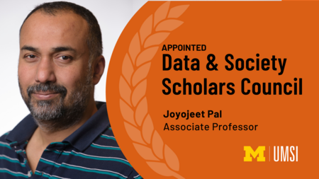 "Appointed: Data & Society Scholars Council, Joyojeet Pal, Associate professor," in a laurel wreath. Headshot of Joyojeet Pal.