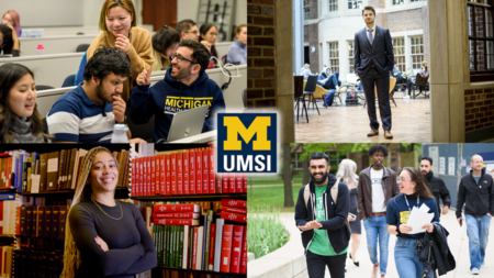 A four paneled grid featuring students in multiple on campus settings. 