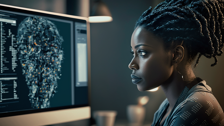 A woman sits at a computer looking at a scatter plot diagram. 