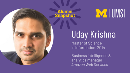 "UMSI Alumni Snapshot. Uday Krishna. Master of Science in Information, 2014. Business intelligence & analytics manager. Amazon Web Services."