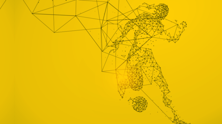 Figure kicking a ball in illustrative style suggesting data points and graphs