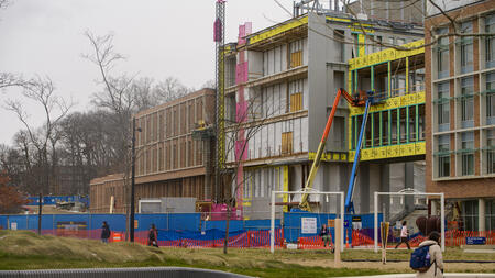 Construction site of Leinweber Computer Science and Information Building with exterior in progress.