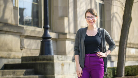 Rachael Zuppke poses in front of an academic building on campus.