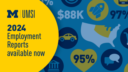 A graphic with the UMSI logo and the text "2024 employment reports available now"