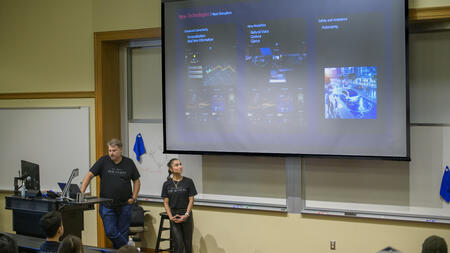 Jason Monroe, chief UX designer of core interactions at Stellantis, and Christine Montalbano, in-vehicle interaction designer, present to SI 311.150: Automotive UX about the future of the industry