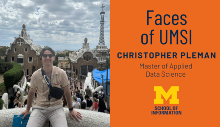 Faces of UMSI: Christopher Pleman, Master of Applied Data Science. Christopher sitting on a ledge with a cityscape in the background.