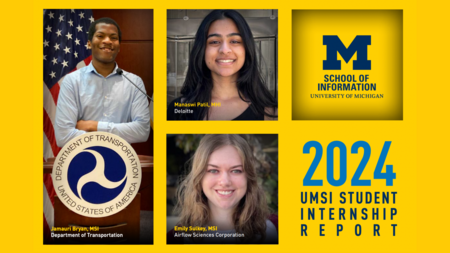 A graphic with the text "2024 UMSI Student Internship Report," the UMSI logo, and photos of three students