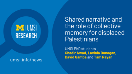 UMSI Research. Shared narrative and the role of collective memory for displaced Palestinians. UMSI PhD students Ghadir Award, Lavinia Dunagan, David Gamba and Tam Rayan. 