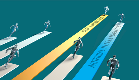 A graphic that shows shiny metallic people running along tracks of different lengths, the two longest being a yellow track that reads "data analytics" and a blue track that reads "artificial intelligence"