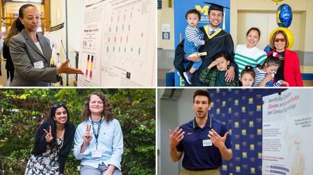 Four images depict university-related moments: a student in business attire presenting a scientific poster, a family of 7 posing with a graduate in academic regalia, two students outdoors making peace signs, and an individual explaining research findings in front of a poster with University of Michigan logos in the background.