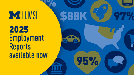 A UMSI-branded graphic with the text "2025 Employment Reports available now" and illustrations paired with stats