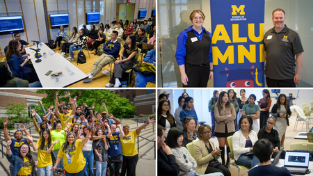 A photo collage: A panel of people speaking to a room full of students; Two people standing next to a banner that says "Alumni" with a UMSI logo at the top; a group of people standing outside an academic building waving at the camera; a group of people listening to the woman in the middle speak.