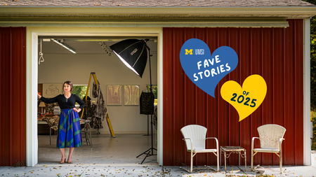 "Fave stories of 2025" written across a blue and a yellow heart, overlaid on a portrait of Sophia Brueckner standing in the large doorway of a red metal barn with studio equipment behind her