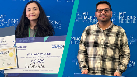 Side-by-side images: Right image shows Gabriela Lagraba holding an award certificate and a giant check reading "1st Place Winner" made out to InStride for $2,000; left image shows Simranjeet Singh standing in front of a backdrop with repeated MIT Hacking Medicine logos.