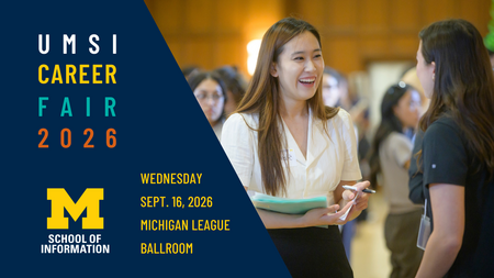A promotional graphic for the UMSI Career Fair 2026. A photo of two people networking in a ballroom.