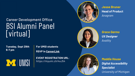 Two-tone blue background, left half is dark blue with white text and a maize block M. The right half is light blue with three headshot photos of the participating panelists, with yellow and white text details of the panelists. 