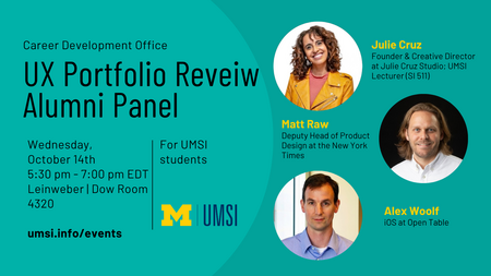Teal background with event details in black text on the left and three headshots of the panelists with their names in yellow text and title in black text on the right half.