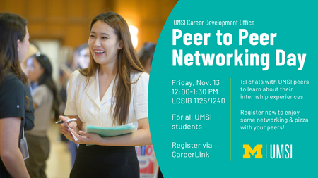 Left half is a photo of two students engaged in networking. The right side is a teal background with event details in white text with a Block M logo in the bottom corner 