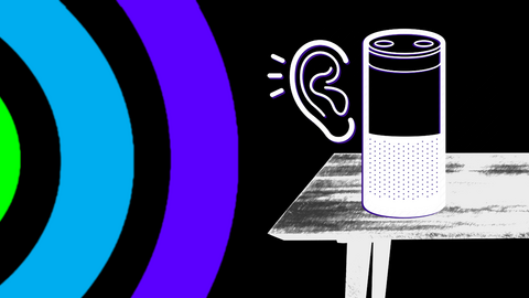 A graphic of an Alexa device with an ear drawn next to it. To its left sound waves are represented. 