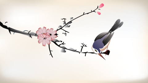 A bird sitting on the branch of a cherry tree next to a cherry blossom