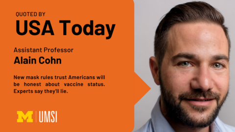 Graphic of a speech bubble  and Alain Cohn's headshot