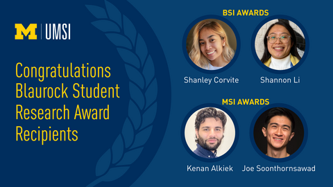 Left of graphic reads "Congratulations Blaurock Student Research Awards Recipients." Right of graphic features headshots of the four winners cropped to fit circles and arranged in a grid.