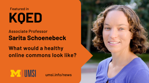 "Featured in KQED. Associate Professor Sarita Schoenebeck. What would a healthy online commons look like? A photo of Sarita standing outside, smiling and wearing a purple shirt. 