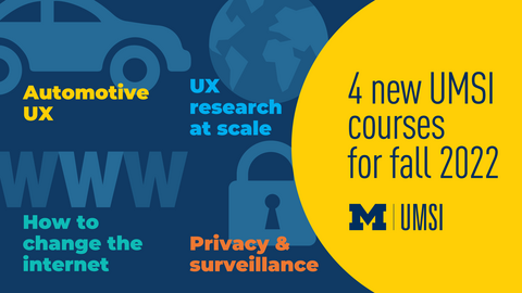 "4 new UMSI courses for fall 2022." Images of a lock, a car and globe with the names of the courses: Automotive UX, UX research at scale, how to change the internet and privacy and surveillance